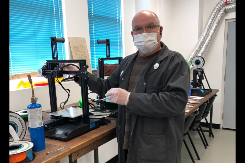 Maker North founder Joseph Bertrand is working with a small crew to produce protective face shields for frontline workers facing potential COVID-19 exposure in Sault Ste. Marie. It's hoped that the shields can eventually be used by staff at Sault Area Hospital. (Supplied photo)