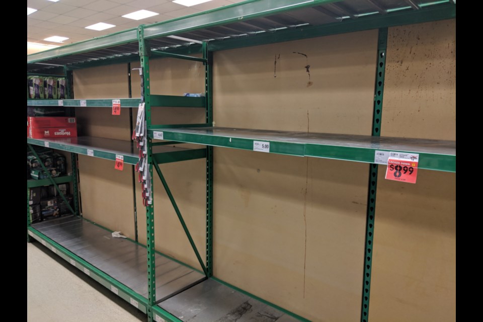 Bare shelves at a Sault grocery store, March 14, 2020. Darren Taylor/SooToday 