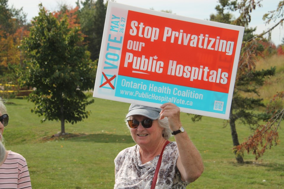 Ontario Health Coalition members held a rally to protest the use of for-private clinics in Ontario outside Sault Area Hospital, Sept. 25, 2023.