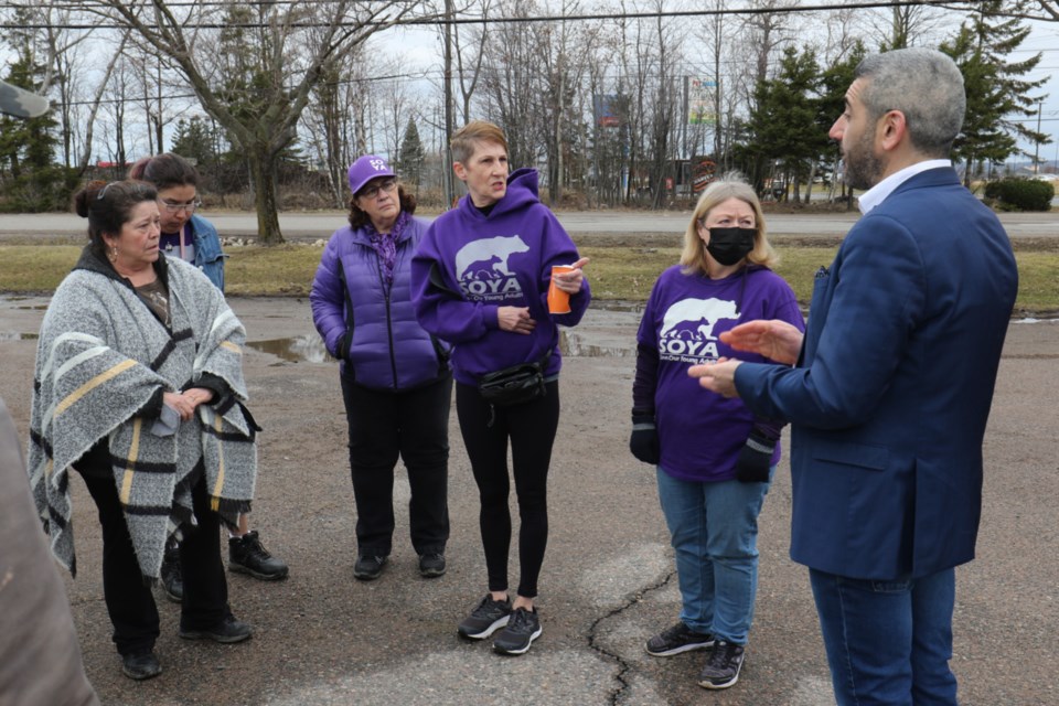 Sault Ste. Marie MPP Ross Romano speaks with members of Save Our Young Adults (SOYA) after announcing more than $18 million in capital spending for the 20-bed Residential Withdrawal Management site at 145 Old Garden River Road.   