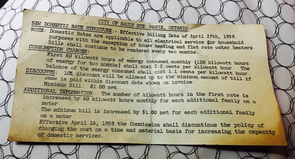 A notice of electricity rates from 1959 found in the attic of a Sault Ste. Marie home. SUBMITTED PHOTO