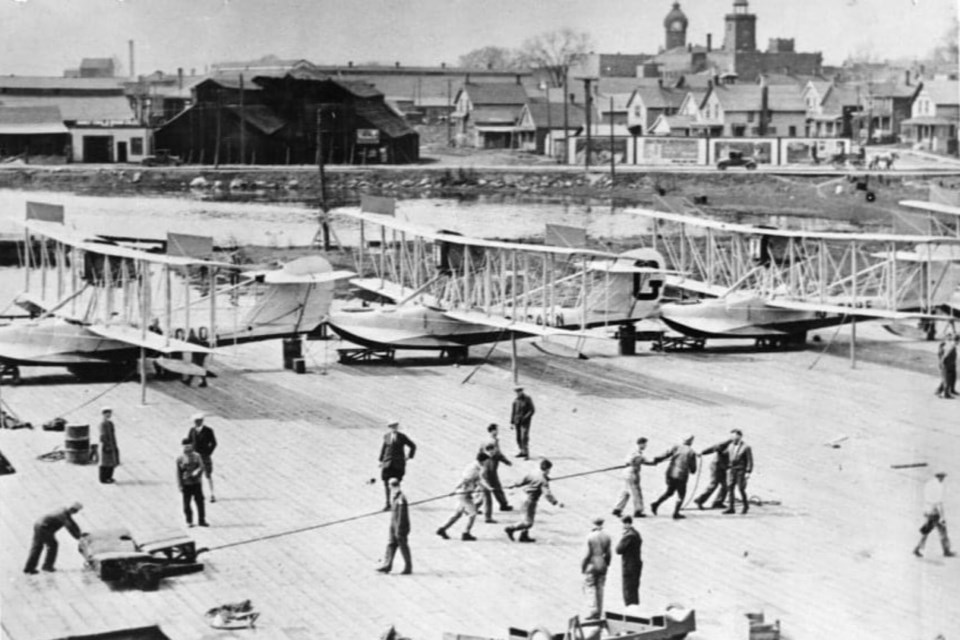 The first of 13 Curtiss HS-2L flying boats was delivered to Ontario Provincial Air Service on April 22, 1924. At the upper right of this photo, the clock tower of what's now Sault Ste. Marie Museum is visible, together with the Carnegie Fire Hall and Public Library