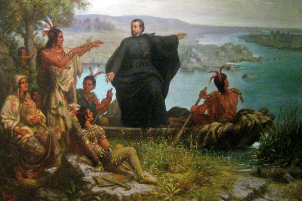 The first European settlement at Sault Ste. Marie was founded by French missionaries led by Father Jacques Marquette, shown here. The original of this painting hangs in the Haggerty Museum of Art at Marquette University, Milwaukee, Wis.