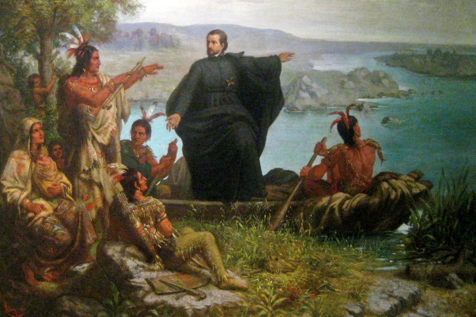 The first European settlement at Sault Ste. Marie was founded by French missionaries led by Father Jacques Marquette, shown here. The original of this painting hangs in the Haggerty Museum of Art at Marquette University, Milwaukee, Wis.