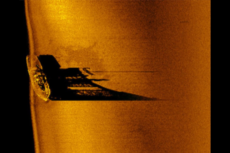 A sonar image of the sunken 19th century vessel known as the Satellite at the bottom of Lake Superior. 