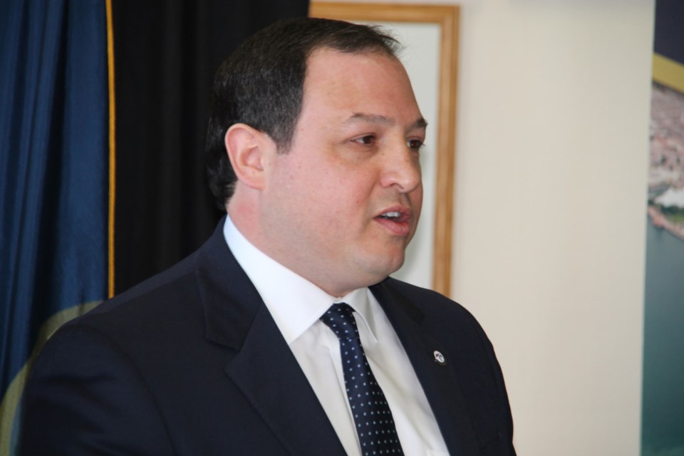 Sault Mayor Christian Provenzano addresses an audience gathered at the Civic Centre after it was announced Noront Resources chose the Sault to be the site of its new ferrochrome processing facility, May 7, 2019. Darren Taylor/SooToday