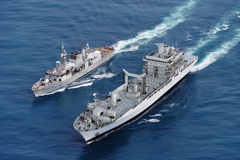 Artist's rendering of the future Protecteur-class joint supply ship (at right) replenishing a smaller Canadian vessel at sea
