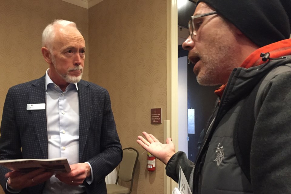 Alan Coutts,  president and chief executive officer of Noront Resources Ltd., gets an earful as his company holds its first Sault Ste. Marie ferrochrome open house on Wednesday, Oct. 23, 2019 at Delta Hotels Sault Ste. Marie Waterfront. (David Helwig/SooToday)