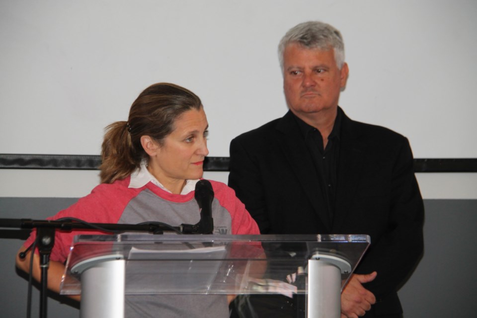 Foreign Affairs Minister Chrystia Freeland, accompanied by Sault MP Terry Sheehan, spoke to a group of Tenaris Algoma Tubes workers after a tour of the tube mill, Oct. 8, 2019. Darren Taylor/SooToday
