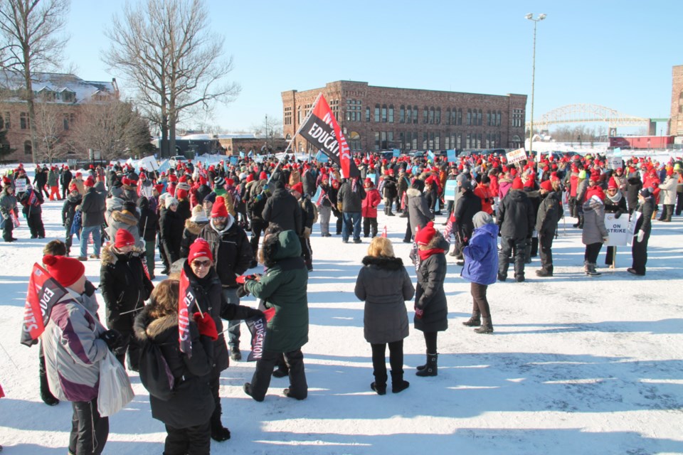 Unionized Sault and area teachers and other educational workers held a large scale rally to protest the province’s education policies, joining thousands of other teachers and other educational workers in Ontario in a one day strike, Feb. 21, 2020. Darren Taylor/SooToday  