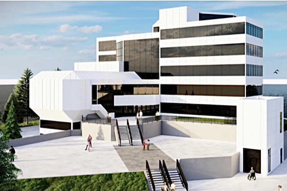Architect’s rendering of exterior changes planned to the Ronald A. Irwin Civic Centre entrance plaza with new stair arrangement and no wheelchair ramp. A new accessibility elevator structure can be seen at the right