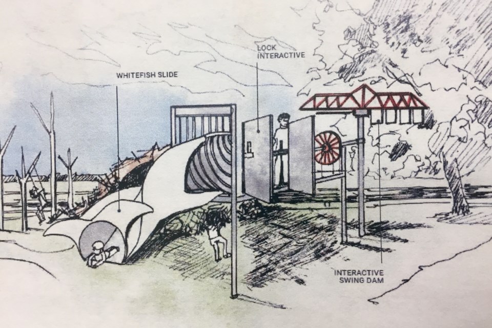 Artist's sketch of possible playground at Sault Ste. Marie Canal National Historic Site, showing a 'whitefish' slide and other play equipment based on what was once the world's longest shipping lock and the planet's only surviving emergency swing dam.  This concept is very preliminary and subject to change
