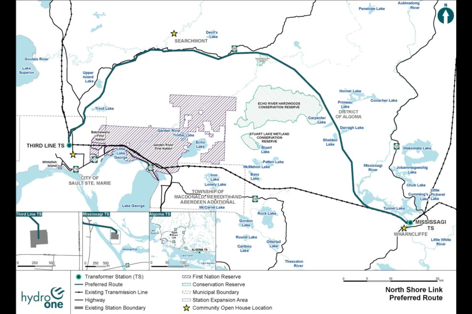 A map of Hydro One's preferred route for the North Shore Link, a 230-kilvolt tranmission line that will connect transmission stations in Sault Ste. Marie and the Wharncliffe area once complete. 