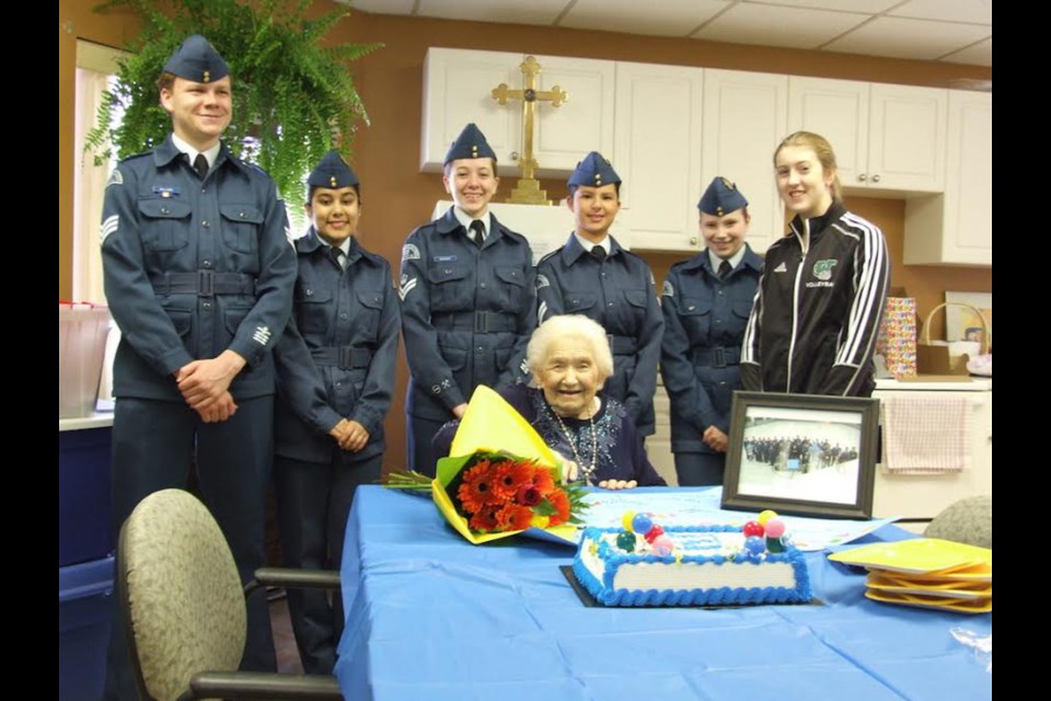 Lucy Healey with air cadets on her 100th birthday. Photo by Steven Mullins.