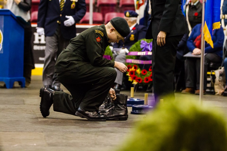 Cadets placed 100 pairs of boots to mark the 100th anniversary of the end of the First World War as part of the Remembrance Day Ceremony. Donna Hopper/SooToday