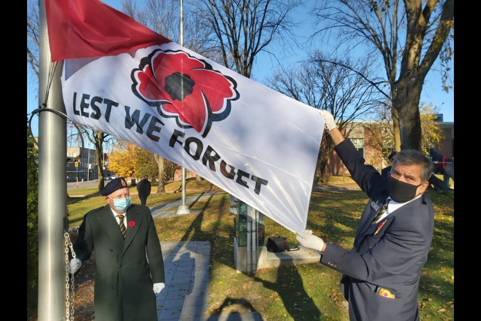 Royal Canadian Legion Branch 25 members, veterans and local elected officials attended the launch of the 2020 Poppy Campaign at the Cenotaph near the Sault Ste. Marie Courthouse, Oct. 30, 2020. Darren Taylor/SooToday  