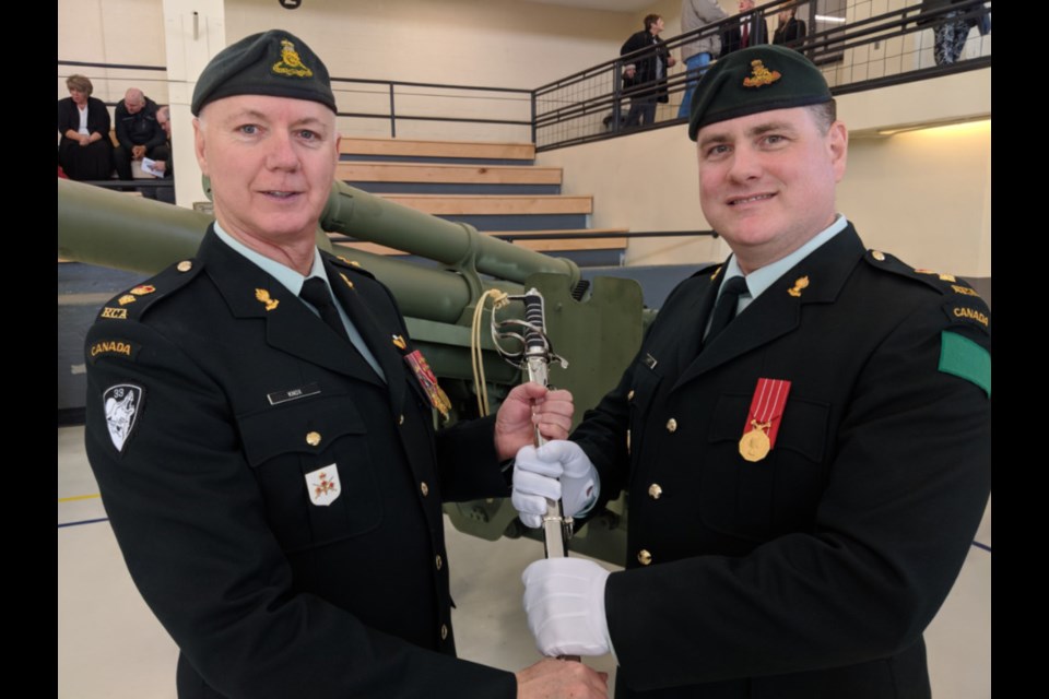 Lieutenant Colonel Lance Knox, retiring 49th (Sault Ste. Marie) Field Regiment, Royal Canadian Artillery commanding officer, with Lieutenant Colonel Robert Lambert, incoming regiment commander, March 2, 2019. Darren Taylor/SooToday