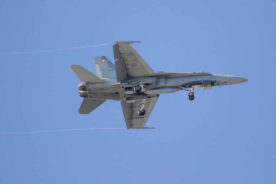 A McDonnell Douglas CF-18 Hornet fighter jet was spotted over Point Louise Wednesday morning. The aircraft landed at Sault Ste. Marie airport to make a fuel stop on its way from CFB Bagotville in Quebec to CFB Cold Lake in Alberta. Jeff Klassen/SooToday
