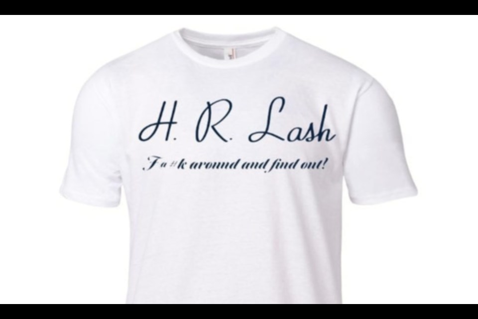 H.R. Lash is selling these t-shirts in order to raise funds to purchase a new security camera system for another Sault business, and to raise awareness of ongoing property crime locally. 