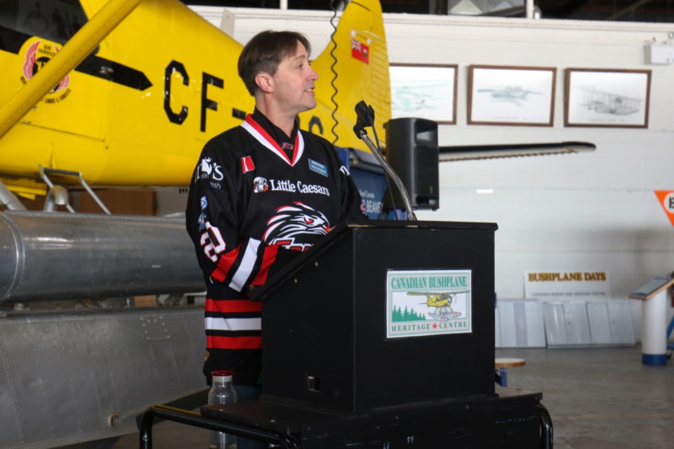Dan Ingram, executive director of the Canadian Bushplane Heritage Centre, speaks to people attending the launch of Hockey, a traveling exhibit on loan from the Canadian Museum of History. James Hopkin/SooToday