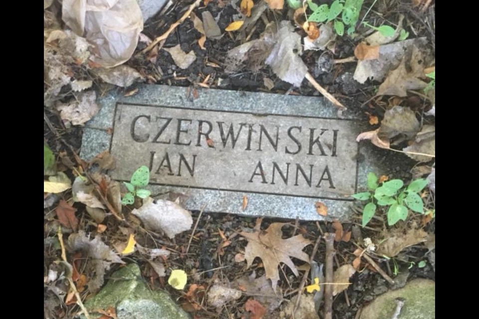 Monique Carroll found this plaque in her backyard in July. Members of the former Seventh-day Adventist Church on Cunningham Road say that the ashes of Jan and Anna Czerwinski are buried underneath. Photo supplied