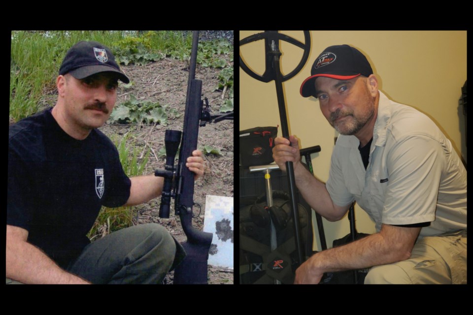 Rob Gioia as a Sault Police Service officer and now, a retiree with his metal detector. Photo supplied