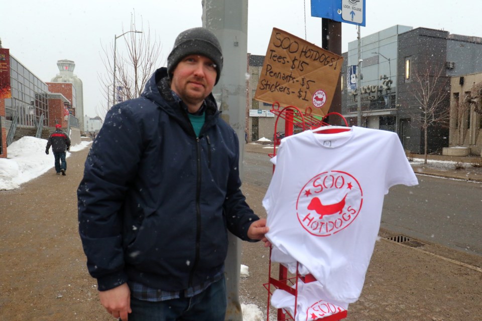Al Bjornaa was selling these 'Soo Hot Dogs' shirts outside the Essar Centre before the Soo Greyhounds game Thursday night. James Hopkin/SooToday