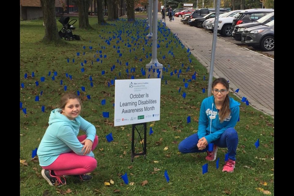 Elissa and Kayle Trozzo at the library with 2,000 flags representing 2,000 students identified with learning disabilities in the Sault. Photo provided
