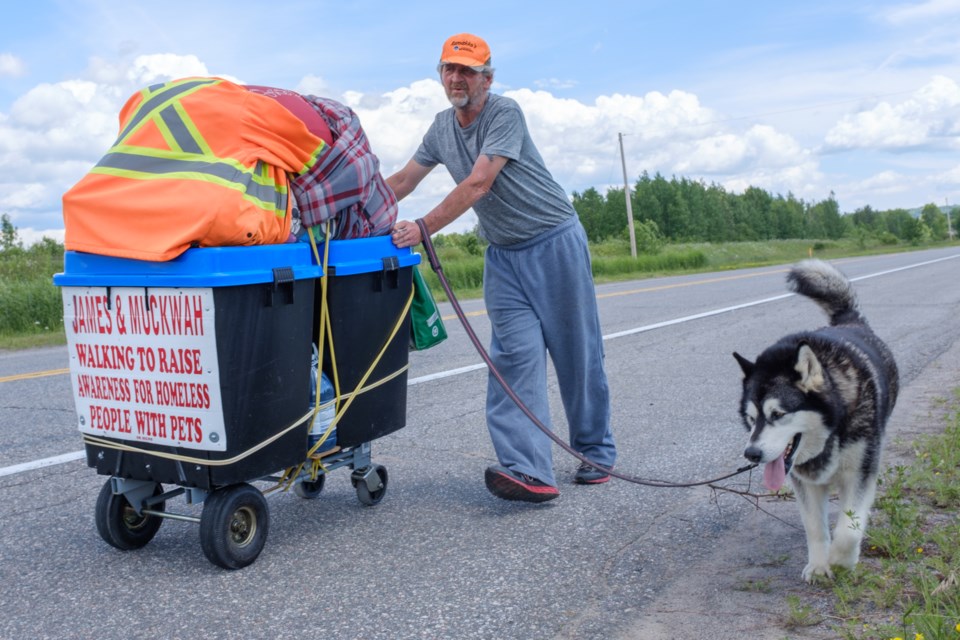 James Caughill walks and pushes his cart to raise awareness about homeless people with pets. He and his dog Muckwah are travelling across Canada and were in Echo Bay on Monday, July 3 and plan to be in Sault Ste. Marie on July 4. Jeff Klassen/SooToday