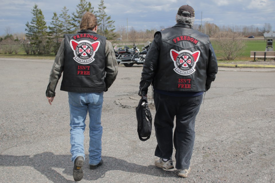 Sault Ste. Marie Bikers Rights orgnanization chair Gerry Rhodes (left) and secretary Ernie Console (right) at Strathclair Park.The group is hosting their annual Awareness Memorial Ride on May 6. Jeff Klassen/SooToday