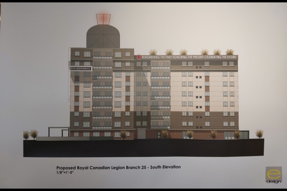A rendering of the planned nine-storey, 107 unit veteran housing project and new Royal Canadian Legion Branch 25  facility to be constructed on the site of the existing Branch location at 96 Great Northern Rd., Oct. 8, 2021. Darren Taylor/SooToday