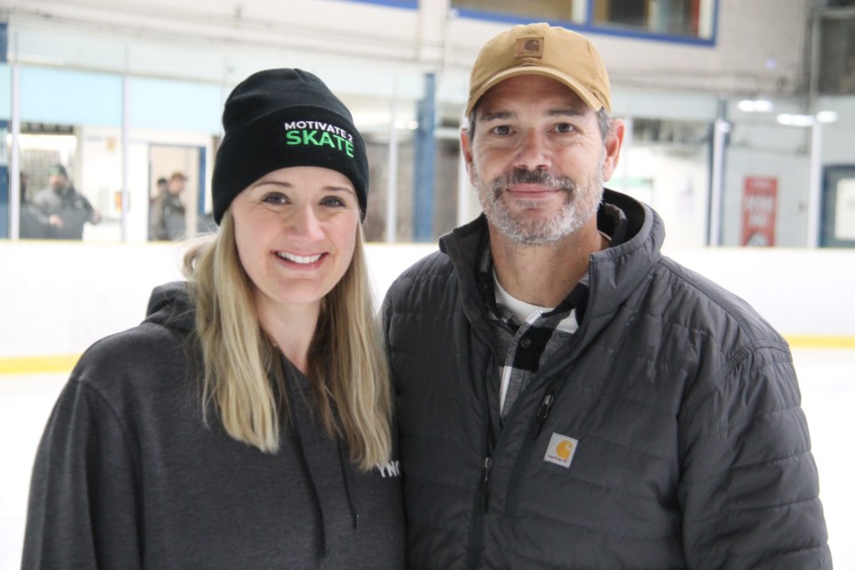 Shaylan Spurway, YNCU manager of marketing and community education and Aaron Gavey, former Soo Greyhound and NHL player are introducing newcomers to Canada to skating at the YNCU Pee Wee Arena.