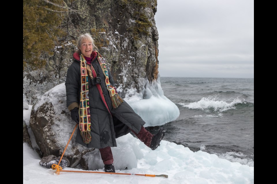 Ellen Van Laar demonstrating proper gear for the conditions which in this case included ice cletes and walking poles.  Violet Aubertin for SooToday