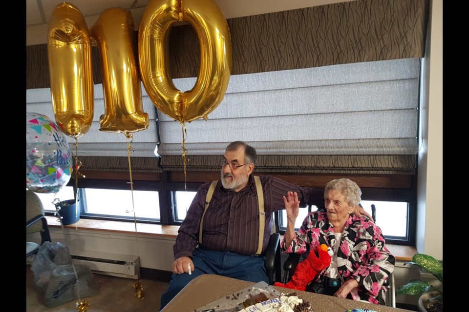 Emily McCool celebrates her 110th birthday with son-in-law Pat at the Ontario Finnish Resthome, Dec. 13, 2019. Photo supplied 