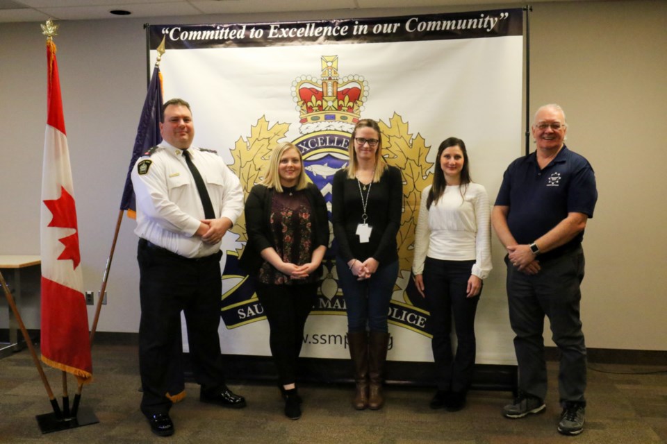 Sault Ste. Marie Police Service has partnered with community agencies in order to launch the Meth Watch program locally. Left to right: Support services inspector Brent Duguay, Sault Ste. Marie Crime Stoppers coordinator Kendra Addison, SSM & Area Drug Strategy co-chair Allison McFarlane,  Pharmacist Marisa De Rubeis and community consultant George Wright. James Hopkin/SooToday 
