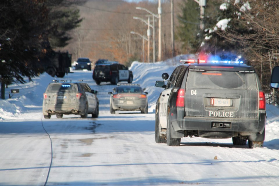 Numerous Sault Police vehicles on Leighs Bay Road, where an incident led to one man being taken into custody on weapons-related charges, Jan. 20, 2019. Darren Taylor/SooToday