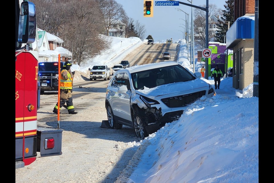 A crash snarls traffic at Bruce Street and Grosvenor Avenue on Thursday, Feb. 13, 2025
