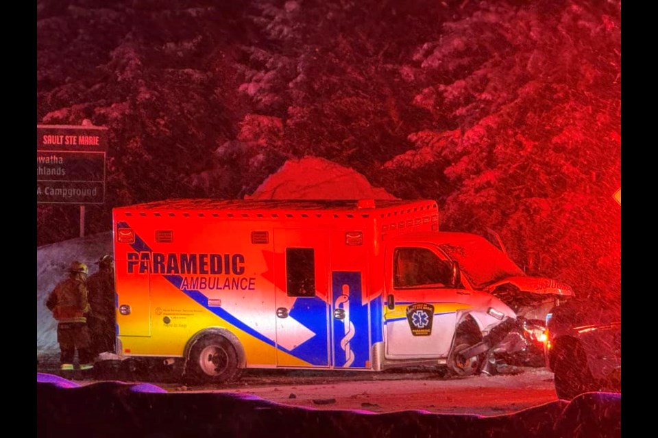 At around 6 p.m. on Monday, the paramedic was driving an ambulance from the Sault North base in Goulais River to the main base on Old Garden River Road when it collided with a car on Great Northern Road near Fifth Line