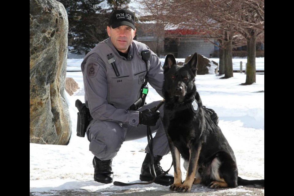 The Sault Ste. Marie Police Service’s canine unit; Constable Dan Turco and Justice, the soon-to-retire Police Service dog. Photo supplied by the Sault Ste. Marie Police Service, Jan. 26, 2018.