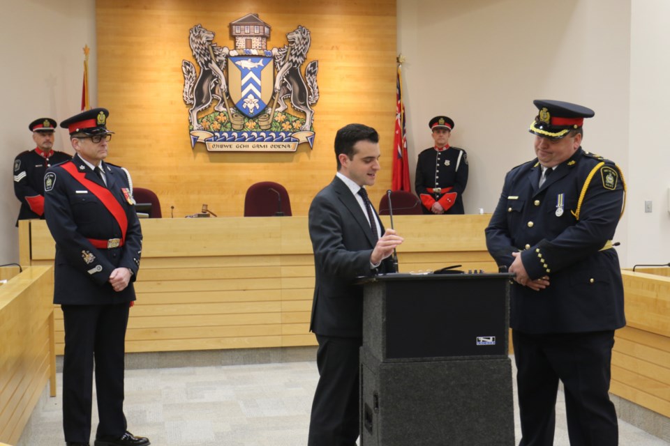 Sault Ste. Marie Mayor Matthew Shoemaker officially swears in newly-minted Sault Ste. Marie Police Chief Deputy Chief Brent Duguay during a ceremony at Ronald A. Irwin Civic Centre Jan. 26. 