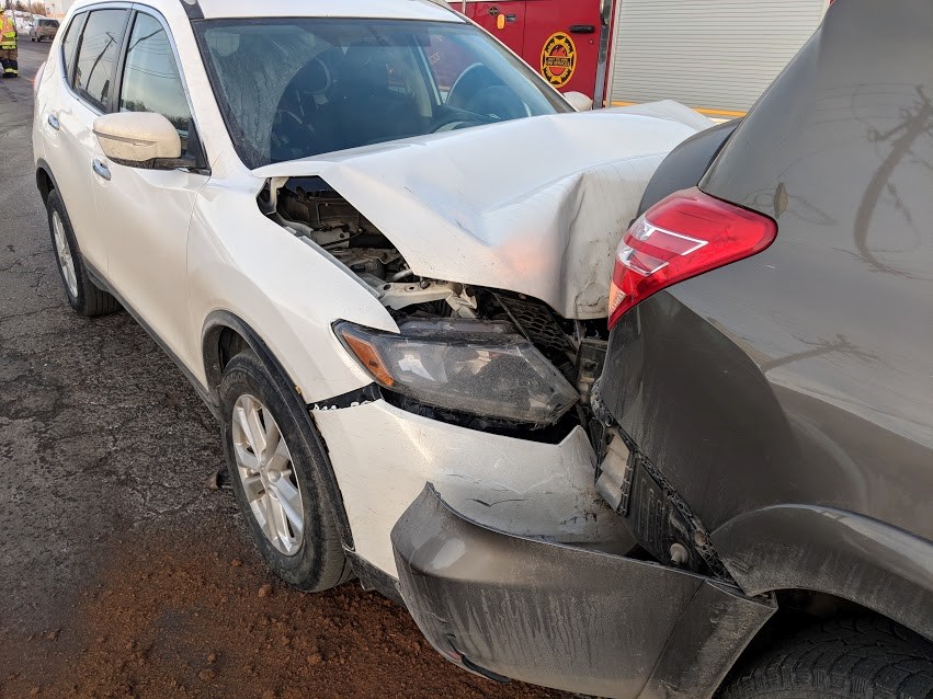 A four-vehicle crash on Black Road at MacDonald Avenue resulted in heavy damage to this vehicle on Tuesday afternoon. Darren Taylor/SooToday