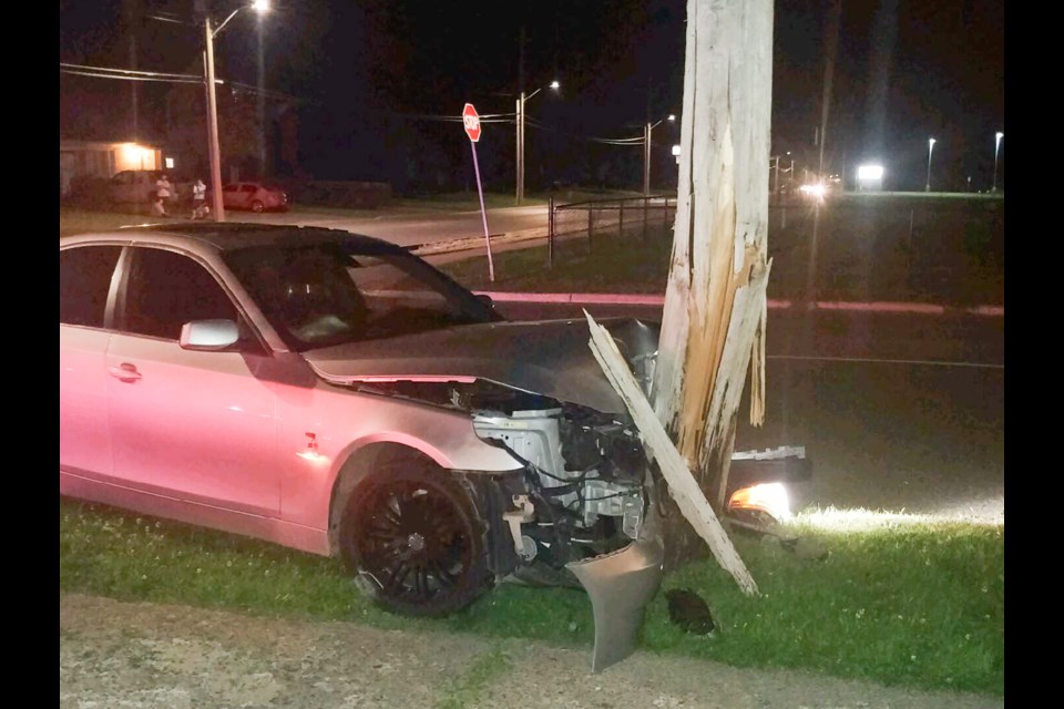 A SooToday reader saw police on scene investigating a car that had smashed into a utility pole at the corner of Cunningham Road and Pine Street at around 11 p.m. on Saturday, Sept. 16. Image submitted