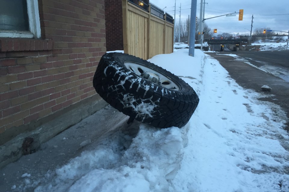 One wheel ended up on the south side of Wellington at Huron. David Helwig/SooToday