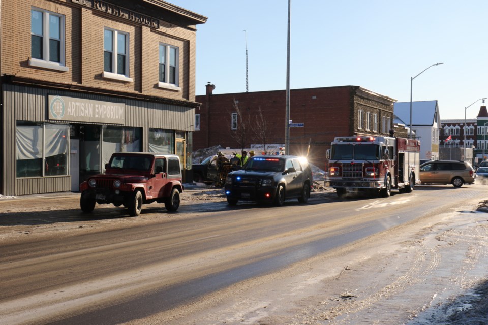 A two vehicle collision that happened shortly after 3:30 p.m. Friday held up traffic at the intersection of Gore and Albert. Police and fire were on the scene. One person was taken to hospital by EMS after being removed from one of the vehicles involved. James Hopkin/SooToday