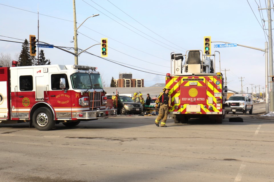Police say that a 87 year-old woman was taken to hospital with life threatening injuries following a two vehicle collision Tuesday morning. James Hopkin/SooToday