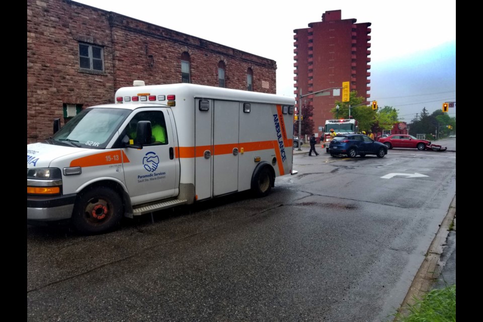Sault Ste. Marie Police Service, EMS and Sault Ste. Marie Fire Services responded to a collision involving two vehicles at Queen St. East and East St. shortly before 2 p.m. Sunday. One person was taken to hospital for assessment. James Hopkin/SooToday
