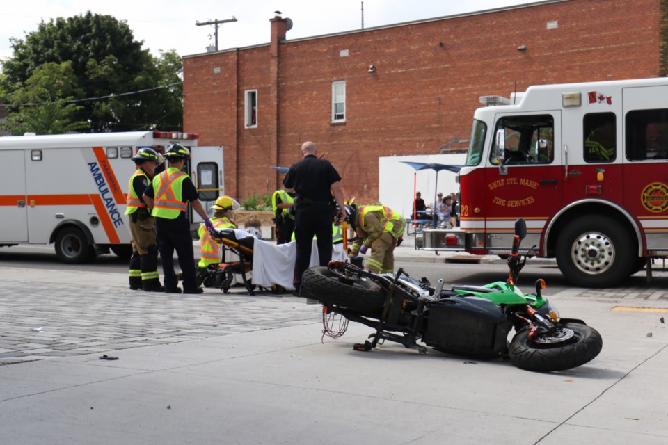 Sault Ste. Marie Police Service and Sault Ste. Marie Fire Services responded to a collision at the intersection of Gore and Albert involving an e-bike and a car shortly before 11:30 a.m. Monday. The driver of the e-bike was taken to hospital as a result of the collision. Police are investigating. James Hopkin/SooToday