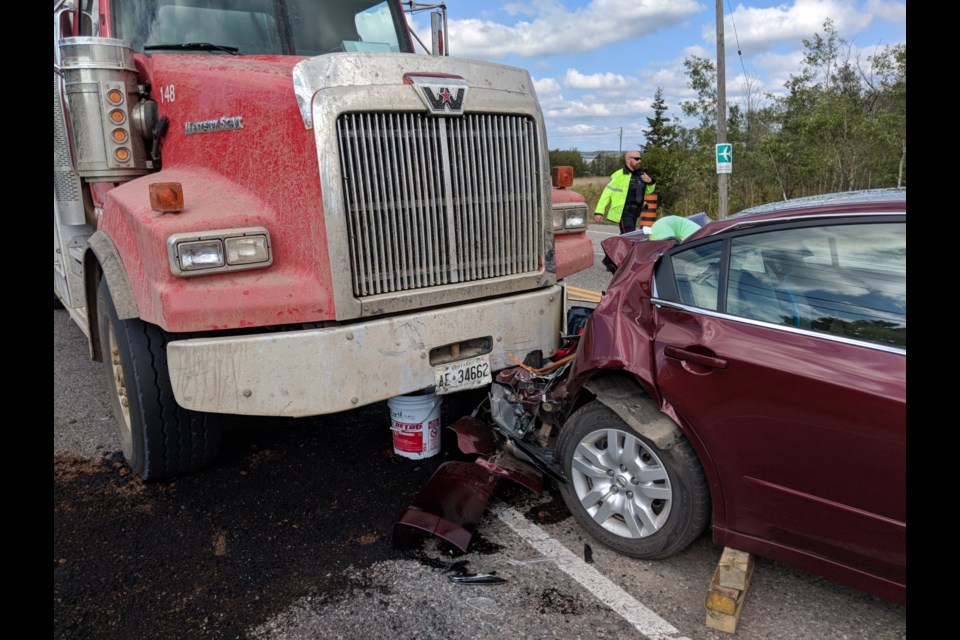 A tanker truck collided with a sedan this afternoon, briefly halting traffic at Second Line East and Black Road. Darren Taylor/SooToday
