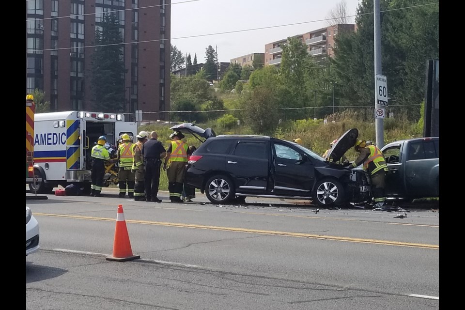 Sault Ste. Marie Fire Services responded to a three-vehicle collision on Trunk Road shortly before 4 p.m. Thursday. Two people were observed being taken to hospital. Traffic was reduced to two lanes near the scene of the collision. Sault Ste. Marie Police Service is investigating. James Hopkin/SooToday