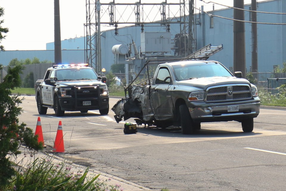 A pickup truck was badly damaged in a single-vehicle collision on Wallace Terrace near Second Avenue Sunday morning, leaving behind three damaged utility poles. 